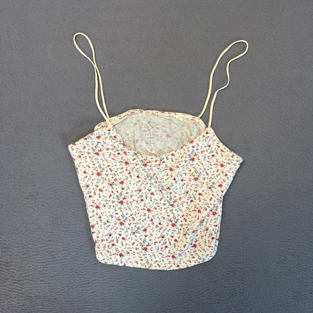 PS Basics PacSun Floral Cowl Neck Handkerchief Hem Cami Tank Top Ivory Red Med